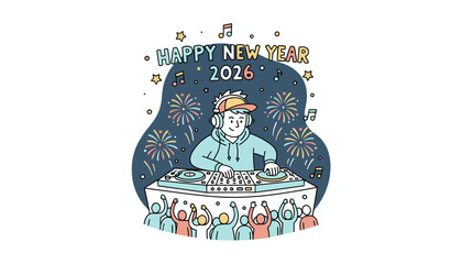 Obraz premium New Year 2026 DJ spinning music for a cheering crowd Festive party illustration with fireworks