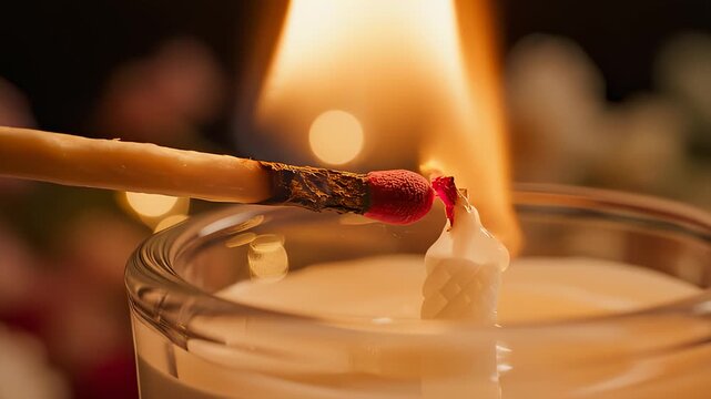 Match Igniting Candle Wick in Glass Container to Bring Warm Light