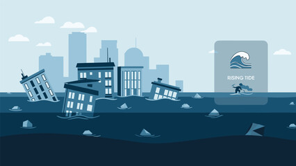 Obraz premium City buildings submerged in floodwaters with a surfer in the distance, Generative AI.