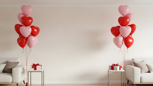 Minimalist living room decorated with two tall heart shaped balloon bouquets and red gift boxes on side tables next to sofas