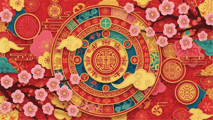 Fototapeta premium Vibrant Cultural Celebration with Intricate Patterns and Floral Motifs Surrounding a Central Symbol