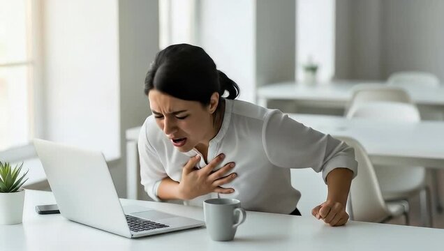 Young woman clutching chest in sudden pain working on laptop at modern bright office desk