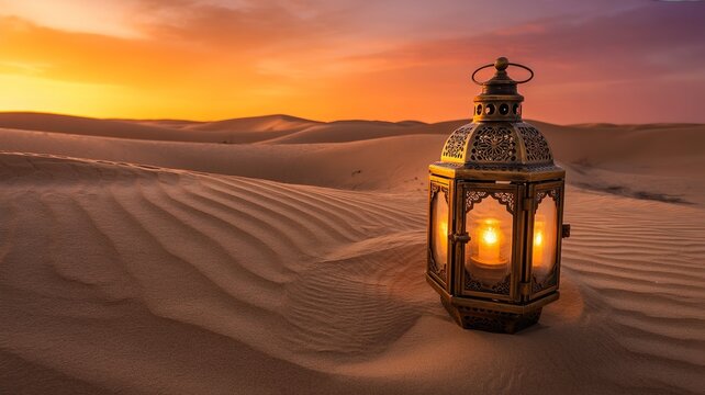 Lantern in sand dunes at gold sunset background