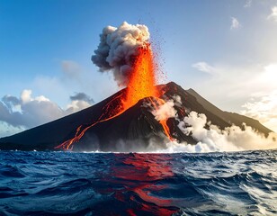 Volcanic eruption over ocean water, smoke billowing against blue sky