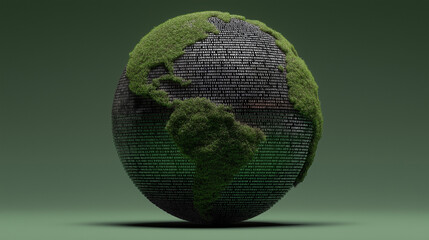 3D globe made of moss and soil with damaged surface, symbolizing environmental fragility, climate change, and sustainability challenges. Ideal for ecology campaigns, green branding, and ESG concepts