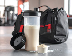 Plastic protein shaker bottle with vanilla shake and powder scoop next to a black gym bag on a gym floor. Generative AI