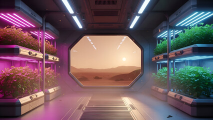 Futuristic hydroponic greenhouse on mars base with red planet landscape view