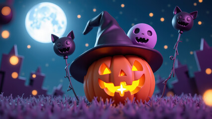 Fototapeta premium Festive Halloween scene featuring carved pumpkin with smiling face, witch hat, and playful ghost and cat decorations. background includes full