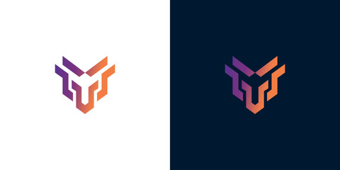 Modern abstract geometric fox or wolf head logo symbol for identity and branding, futuristic design with gradient colors on light and dark backgrounds
