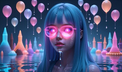 Neon girl in pink glasses, floating amidst colorful balloons and glowing towers.