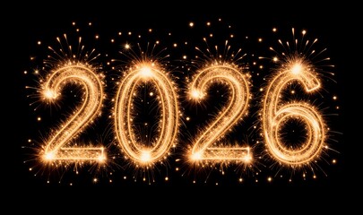 Golden sparklers spell "2026" against a black background, celebrating the new year.