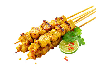 Delicious Chicken Satay Skewers with Lime and Chili Garnish.