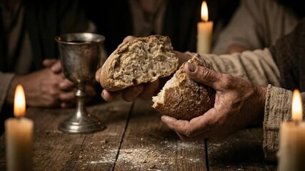  Last Supper video: Jesus Christ hands breaking bread at the Last Supper. Close-up of Holy Communion sacrament. Eucharist and Body of Christ concept