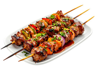 Delicious Grilled Meat and Vegetable Skewers on a Plate.