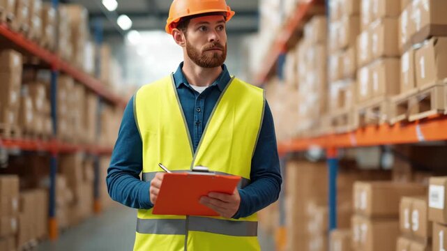 Supply chain import tariff, warehouse worker inspecting inventory.