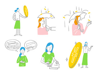 お金にまつわるシンプルな線画のイラスト お金の使い道 お金が降って来る