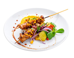 Delicious Grilled Chicken Skewers with Fresh Salad and Corn.