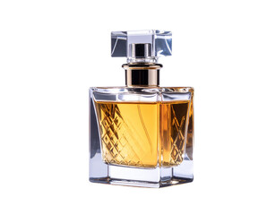 Elegant Perfume Bottle with Golden Liquid and Intricate Design.