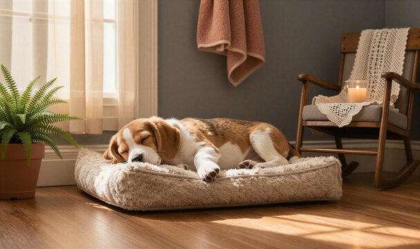 Beagle puppy sleeps peacefully on cozy bed in sunlit, warm home corner.