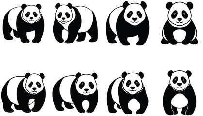 Cute pandas flat vector color illustrations set. Baby panda bear in different poses cartoon character. Sleepy and lazy animal. Asian wildlife. Rainforest, jungle mammal eating bamboo © ABIR