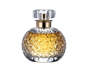 Elegant Perfume Bottle with Golden Liquid and Crystal Cap.