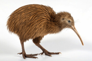 A charming kiwi bird with long beak and fluffy brown feathers on a white background. © Abid Ali
