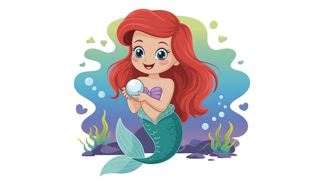 Cute Mermaid with Red Hair Holding Shell on Underwater Background