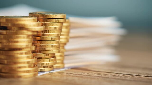 Supply chain import tariff, stacks of coins and documents on a desk.