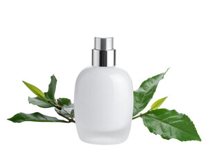 Minimalist White Perfume Bottle with Green Leaves.