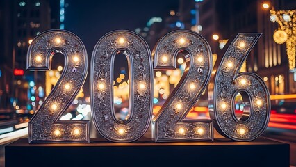 A 3d golden neon sign illuminated at night creates a celebratory light symbol for a new year business sale concept featuring 2026 text and calendar holiday numbers