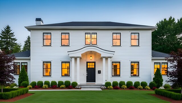 Elegant white colonial style house with black window frames and symmetry front landscaping