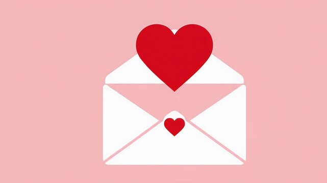 White envelope opening with red heart symbol on a pink background, expressing love and romance