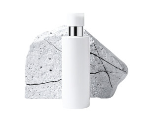 Minimalist White Bottle with Silver Cap on Textured Stone Background.