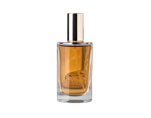 Elegant Amber Perfume Bottle with Silver Cap on White Background.