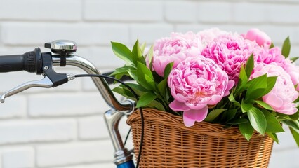 Close-up of a bicycle with a wicker basket full of beautiful pink peonies against a white brick wall.
