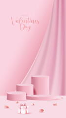 Elegant pink Valentine&rsquo;s Day background with minimal podium display, soft fabric drapery, gift box and petals, perfect for romantic promotions, product showcase, and holiday design.