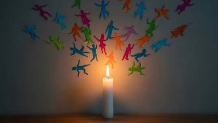 Colorful paper cutouts dancing around a lit candle