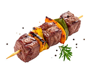 Delicious Grilled Beef and Vegetable Skewer on White Background.