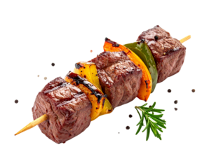 Delicious Grilled Beef and Vegetable Skewer on White Background.