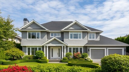 Naklejka premium Gorgeous two story grey shingle house facade with vibrant red flowers and perfect landscaping