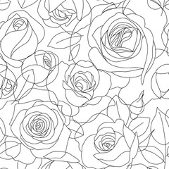 	
Seamless pattern with line art roses. Beautiful blossoming hand drawn flower with buds and leaves. Abstract wallpaper. Vector stock illustration