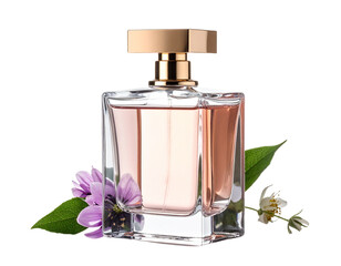 Elegant Perfume Bottle with Delicate Flowers and Green Leaves.