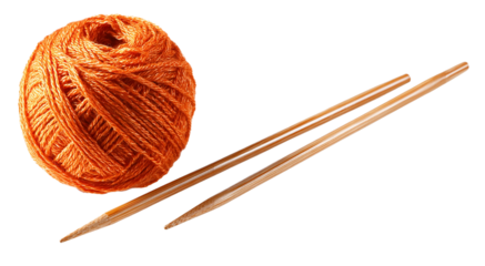 A ball of orange yarn next to wooden knitting needles on a isolated on transparent background 