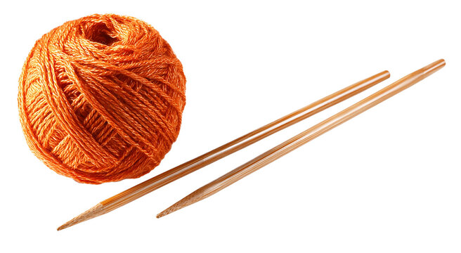 A ball of orange yarn next to wooden knitting needles on a isolated on transparent background 