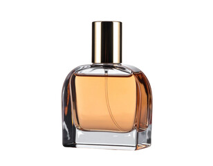 Elegant Perfume Bottle with Golden Cap and Amber Liquid.