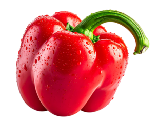 A single ripe red bell pepper with water droplets.