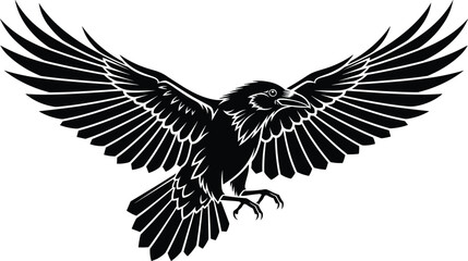 Obraz premium Flying raven silhouette, detailed feathers, open wings, black and white vector, symbolic bird illustration, tattoo design, mysterious creature, isolated artwork