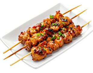 Delicious Chicken Skewers with Glaze and Green Onions.