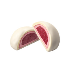 A gourmet white chocolate confection cut in half revealing a vibrant raspberry filling on a isolated on transparent background 