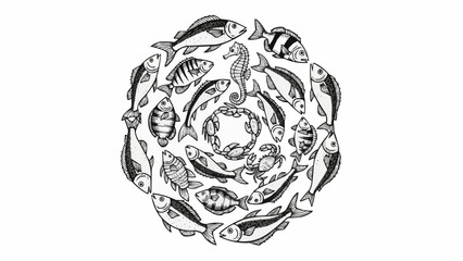 Circular arrangement of various fish species and a seahorse. © Roki